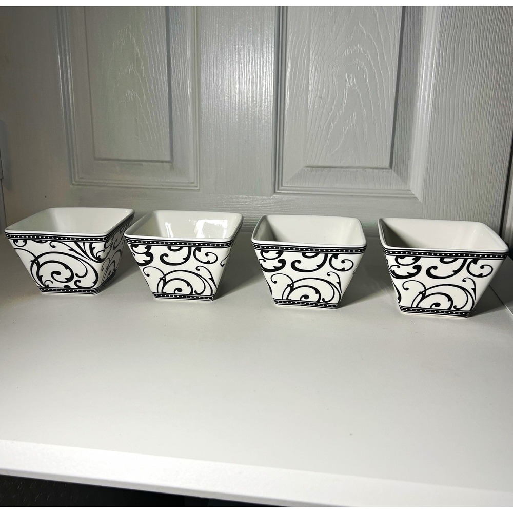 Ciroa Luxe Veluto Black Scroll Square Appetizer Bowls White Porcelain Set of 4